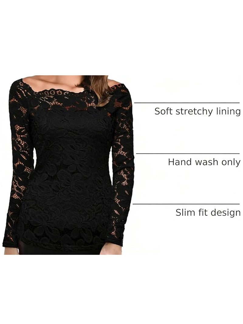 DJT Womens Off The Shoulder Tops Sexy Floral Lace Long Sleeve Slim Fit Shirts Dressy Casual Party Clubwear Outfits Black L - Image 4
